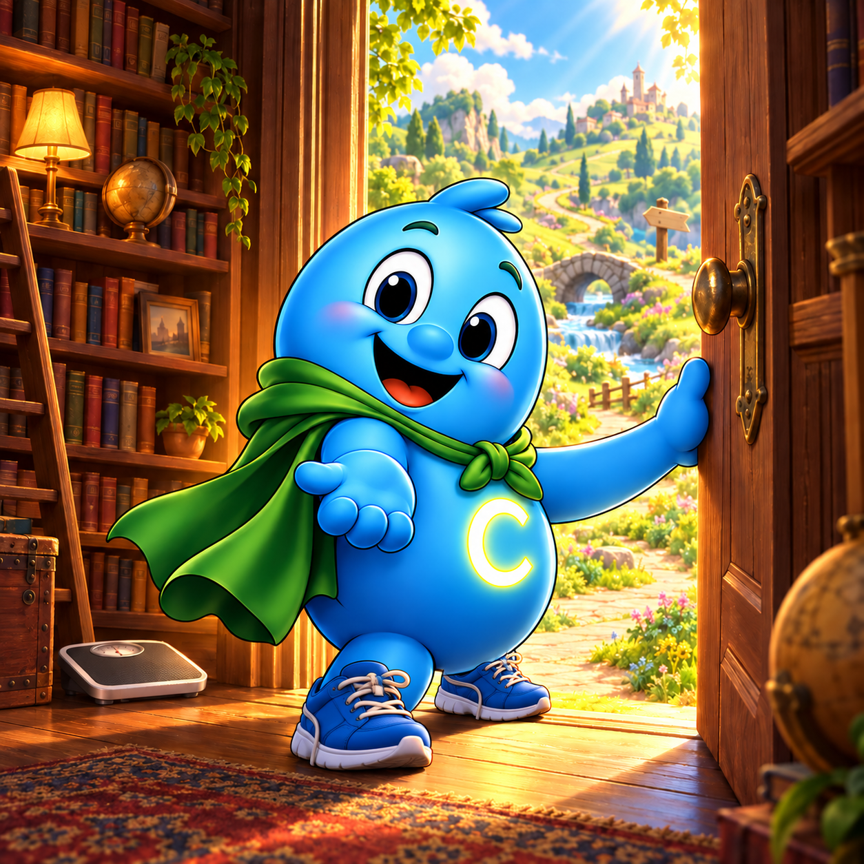 Caped Mo holds open an old Library door and looks back invitingly. Beyond it, a winding path leads into a bright, whimsical world.